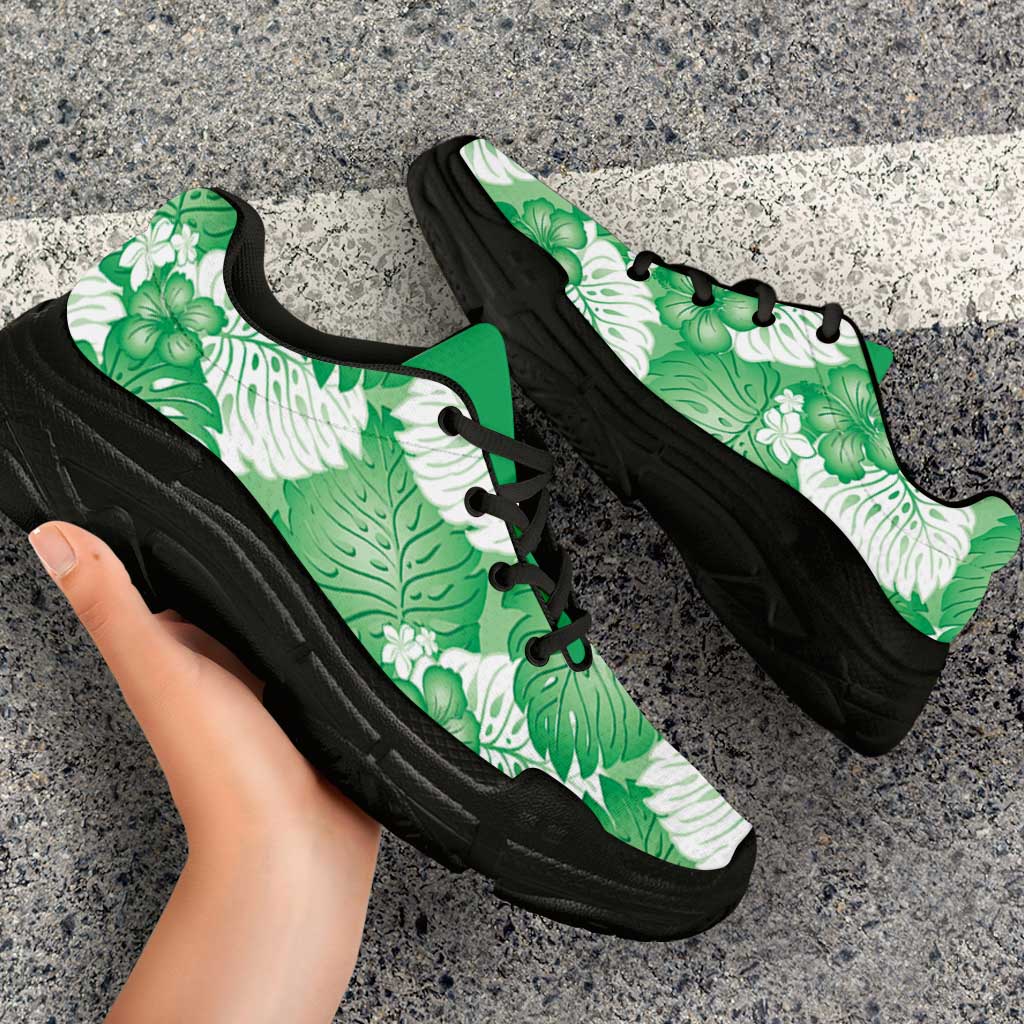 Green Aloha Hawaii Chunky Sneakers Monstera Hibiscus Plumeria Seamless Vibes - Polynesian Pride