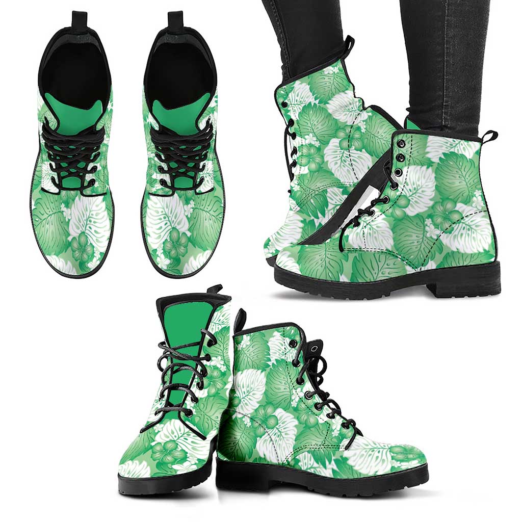 Green Aloha Hawaii Leather Boots Monstera Hibiscus Plumeria Seamless Vibes - Polynesian Pride