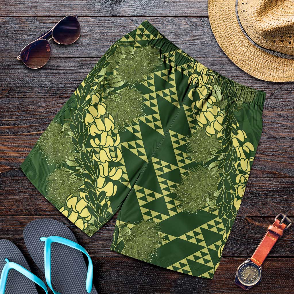 Green Aloha Hawaii Shorts for Men Hawaiian Kakau Ohia Lehua Lei - Polynesian Pride