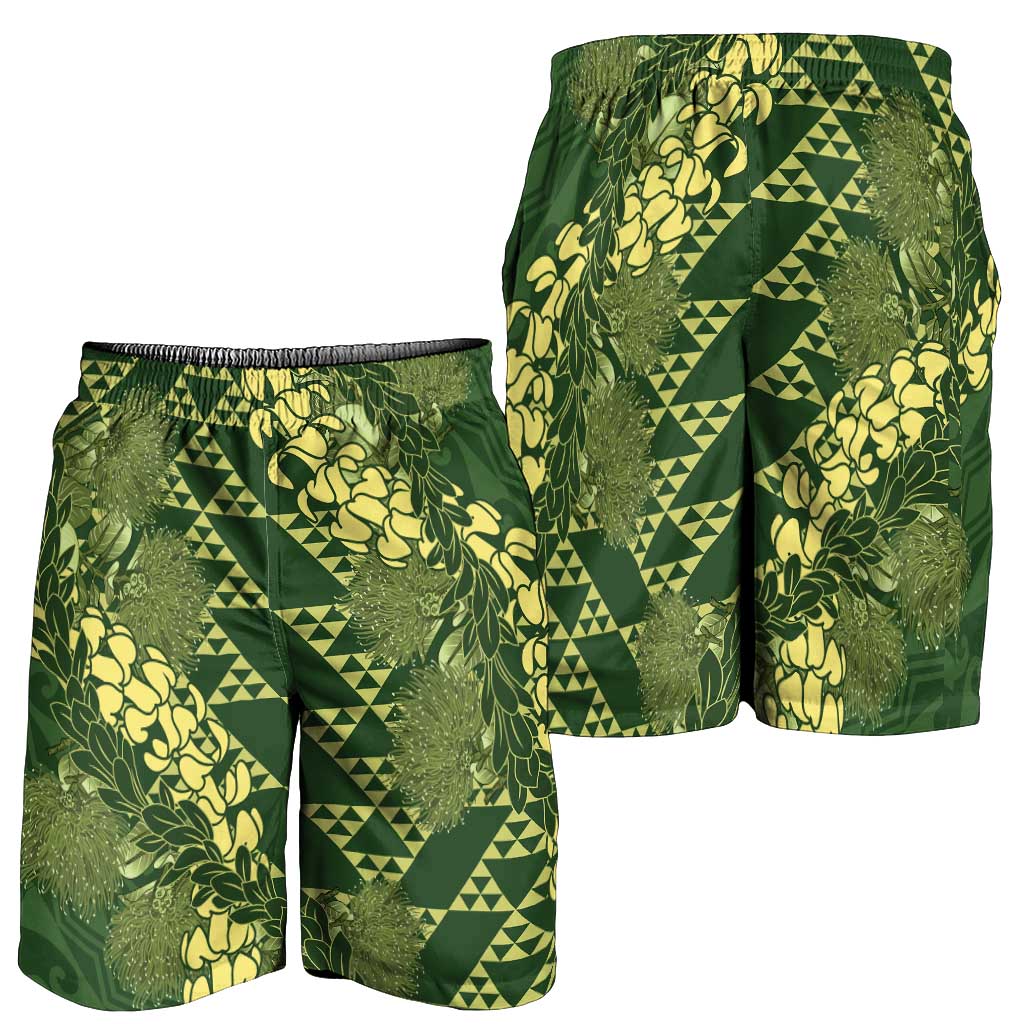 Green Aloha Hawaii Shorts for Men Hawaiian Kakau Ohia Lehua Lei - Polynesian Pride
