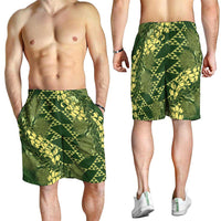 Green Aloha Hawaii Shorts for Men Hawaiian Kakau Ohia Lehua Lei - Polynesian Pride