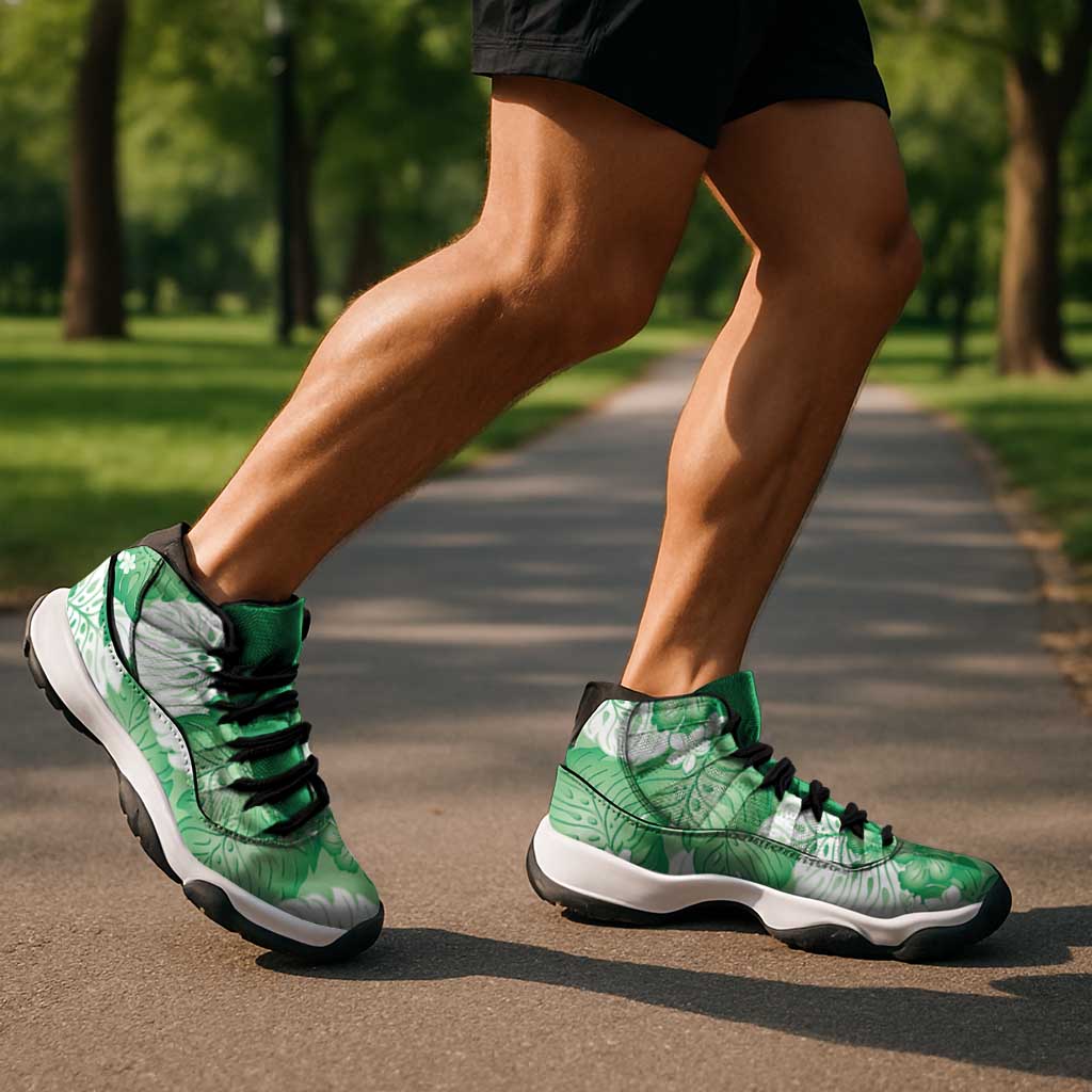 Green Aloha Hawaii Sneakers J11 Monstera Hibiscus Plumeria Seamless Vibes - Polynesian Pride