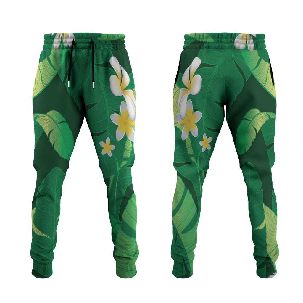 Green Banana Leaf Hawaii Jogger Pants Lau Maia Plumeria Tropical Summer Vibes