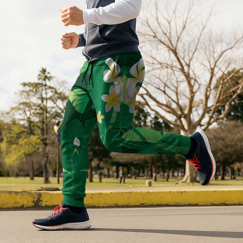 Green Banana Leaf Hawaii Jogger Pants Lau Maia Plumeria Tropical Summer Vibes
