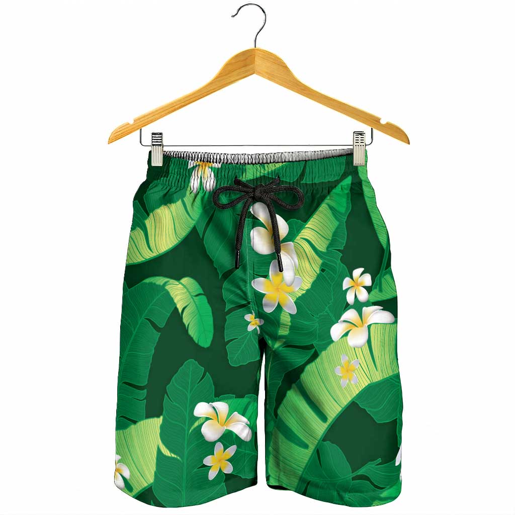 Green Banana Leaf Hawaii Shorts for Men Lau Maia Plumeria Tropical Summer Vibes