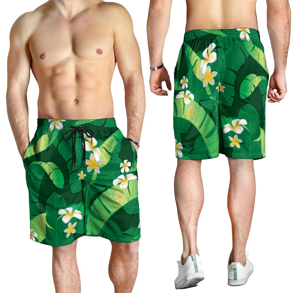 Green Banana Leaf Hawaii Shorts for Men Lau Maia Plumeria Tropical Summer Vibes