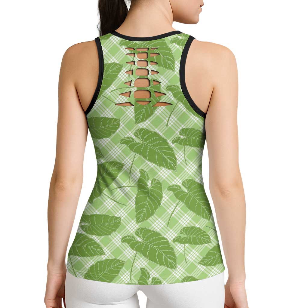 Green Hawaii Kalo Palaka Motifs Hollow Tank Top Hawaiian Taro Leaves Elegant Vibes