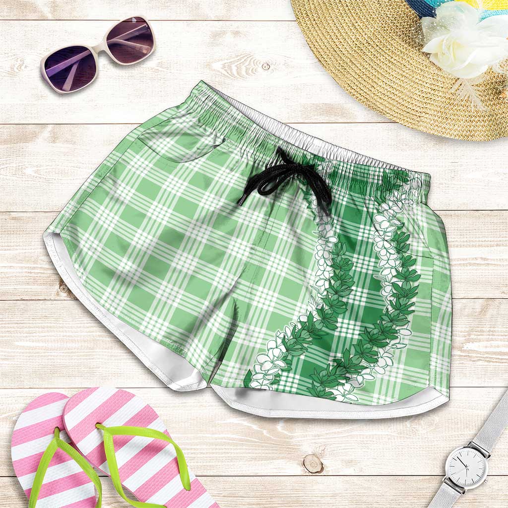 Green Hawaii Palaka Shorts for Women Hawaiian Honohono Lei
