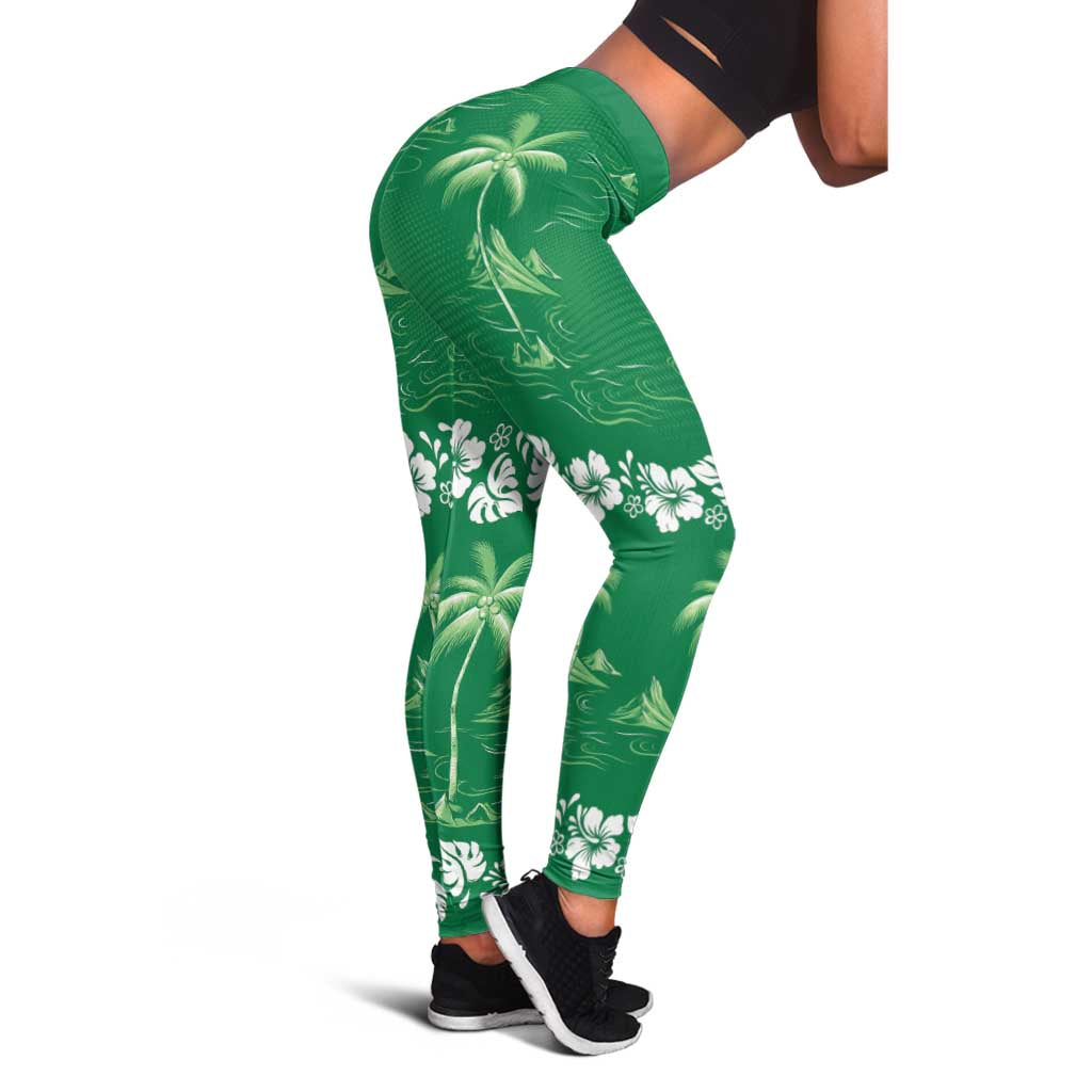 Green Hawaii Palm Tree Hibiscus Leggings Fantasy Summer Vibe LT01 - Polynesian Pride