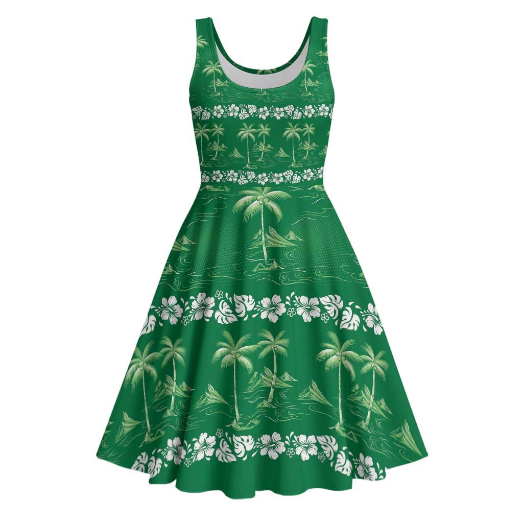 Green Hawaii Palm Tree Hibiscus Midi Dress Fantasy Summer Vibe LT01 Green - Polynesian Pride
