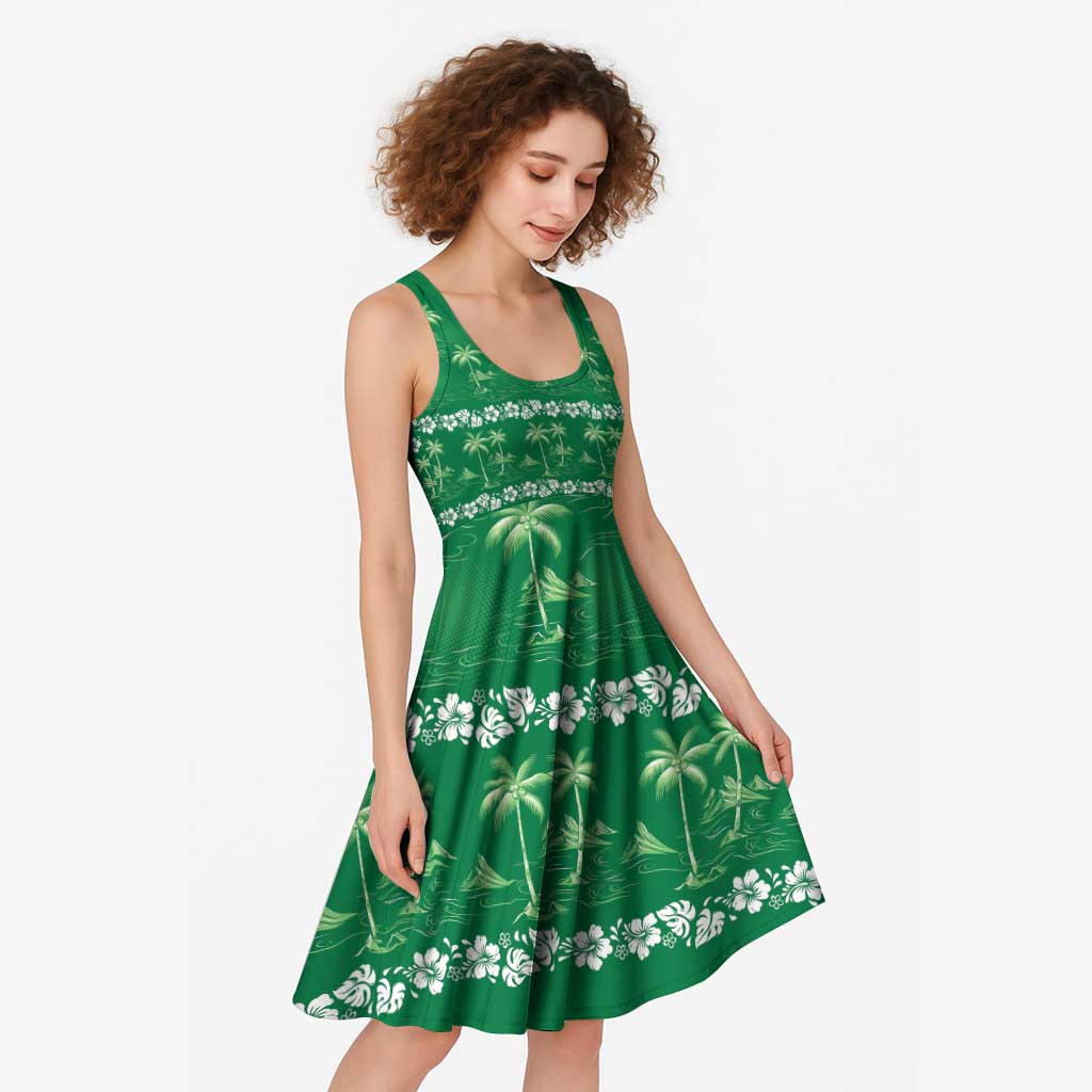 Green Hawaii Palm Tree Hibiscus Midi Dress Fantasy Summer Vibe LT01 - Polynesian Pride