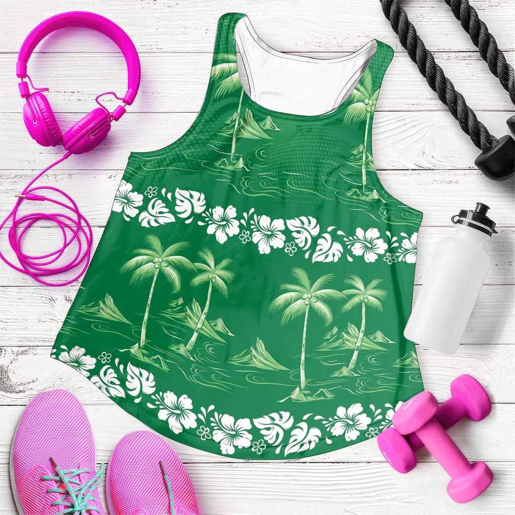 Green Hawaii Palm Tree Hibiscus Women Racerback Tank Fantasy Summer Vibe LT01 Green - Polynesian Pride