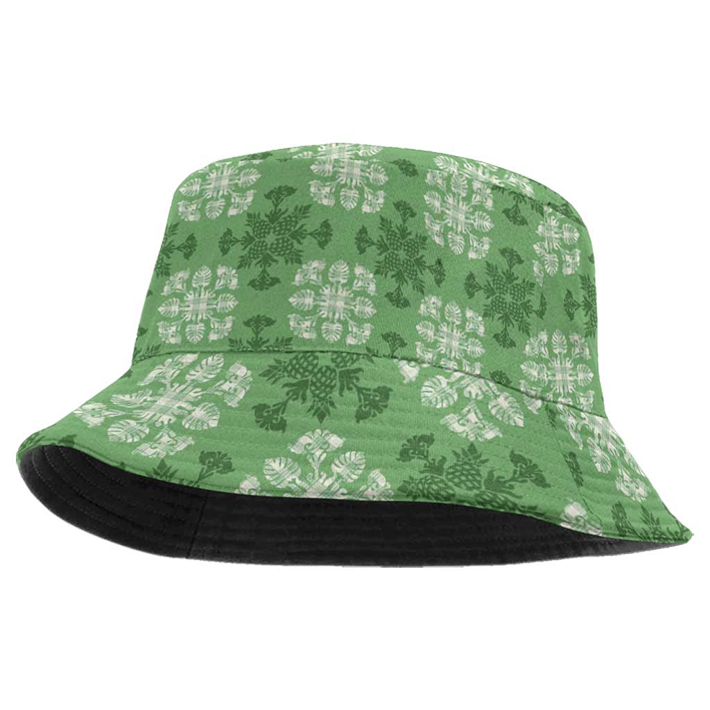 Green Hawaiian Quilt Bucket Hat Hawaii Pineapple Monstera Palaka Motifs - Polynesian Pride