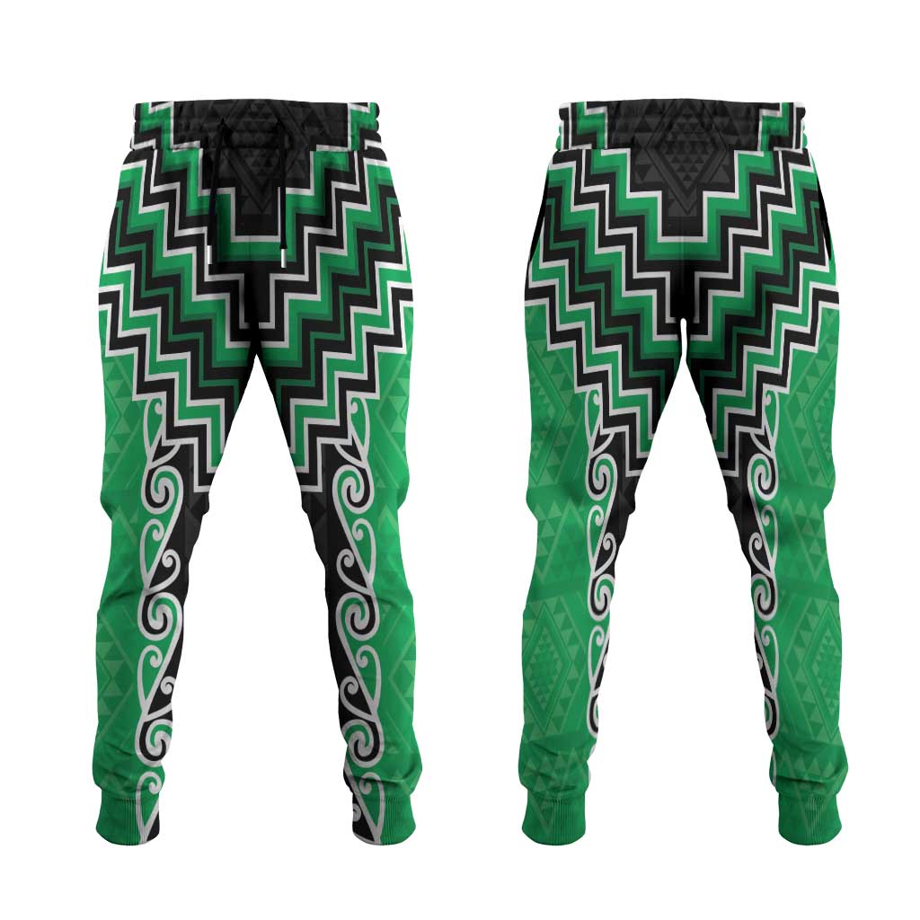 Green Niho Taniwha Mix Poutama Jogger Pants Unique Taniko Aotearoa - Polynesian Pride