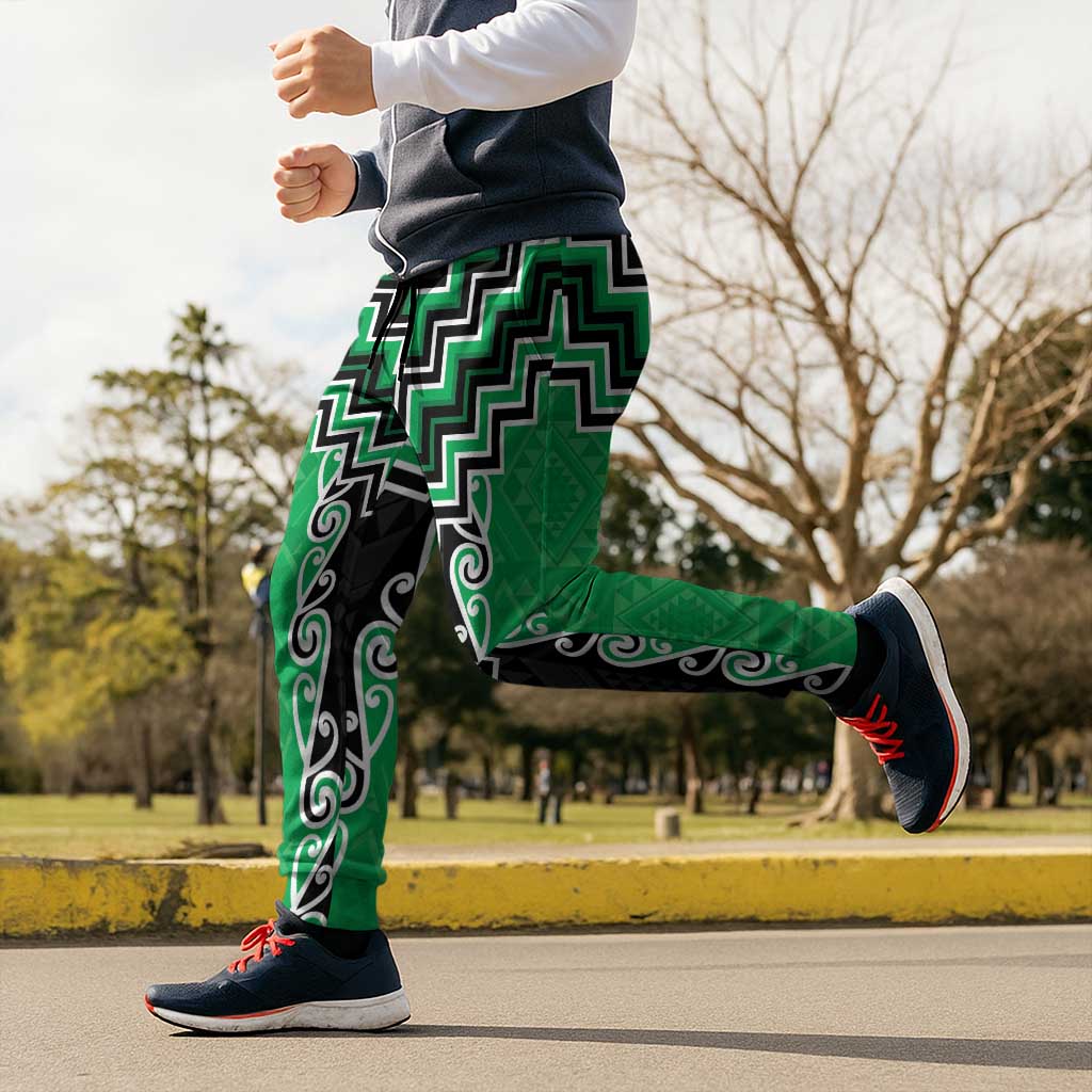 Green Niho Taniwha Mix Poutama Jogger Pants Unique Taniko Aotearoa - Polynesian Pride