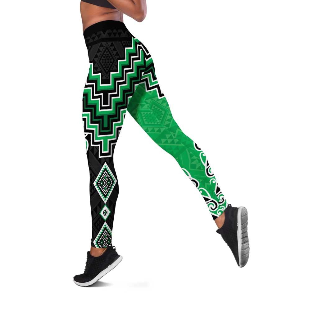 Green Niho Taniwha Mix Poutama Leggings Unique Taniko Aotearoa - Polynesian Pride