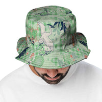Green Palaka Crane and Flowers Bucket Hat Japan Heritage Spirit - Polynesian Pride