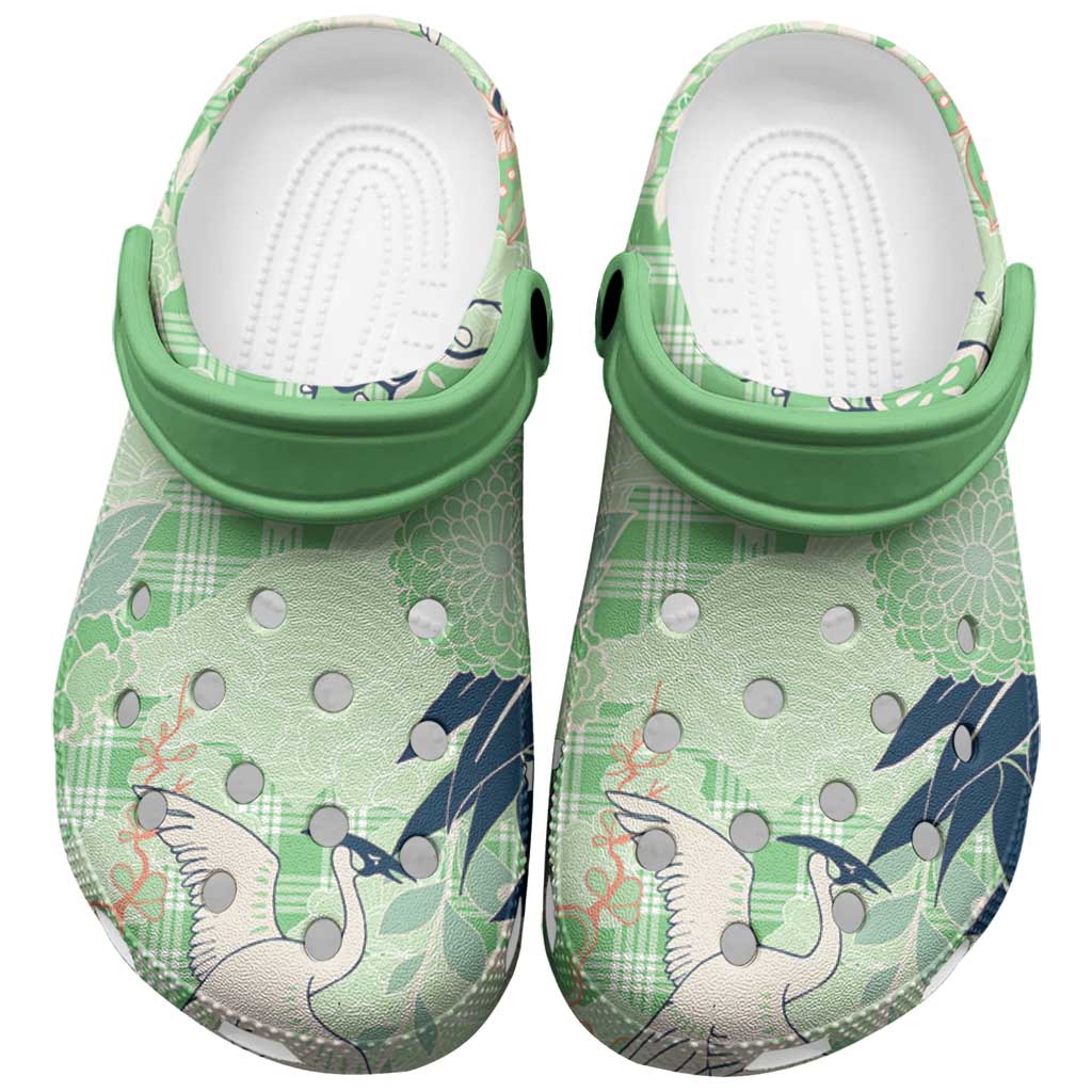 Green Palaka Crane and Flowers Clogs Shoes Japan Heritage Spirit - Polynesian Pride