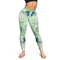 Green Palaka Crane and Flowers Leggings Japan Heritage Spirit - Polynesian Pride