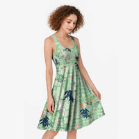 Green Palaka Crane and Flowers Midi Dress Japan Heritage Spirit - Polynesian Pride