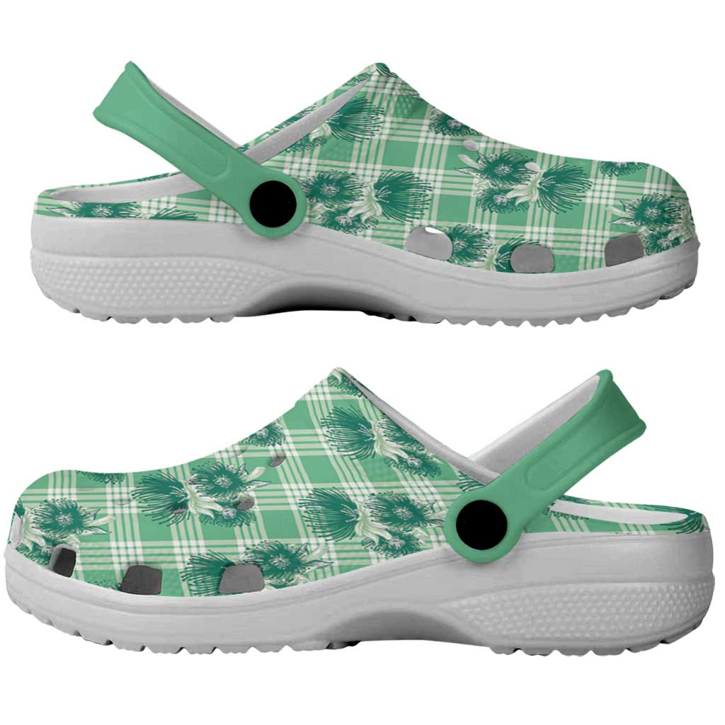 Green Palaka Hawaii Clogs Shoes Hawaiian Lehua Blossoms