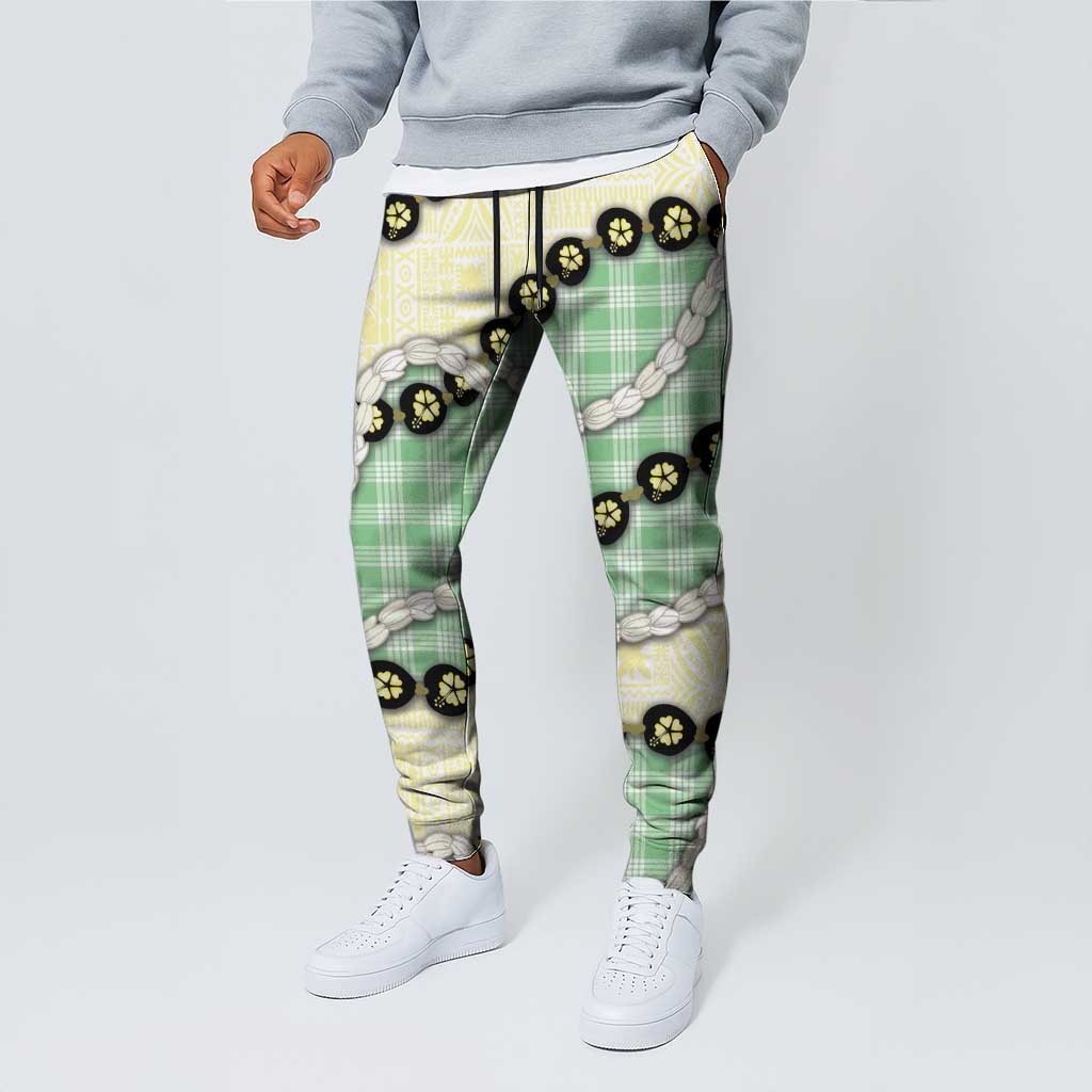 Green Palaka Hawaii Jogger Pants Kukui Nut Pikake Lei Hawaiian Tapa Pattern - Polynesian Pride