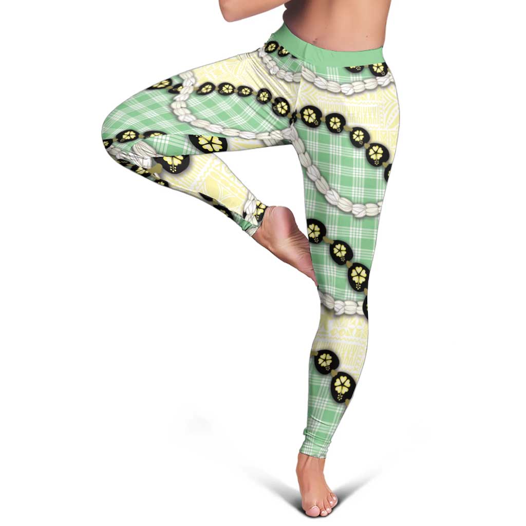 Green Palaka Hawaii Leggings Kukui Nut Pikake Lei Hawaiian Tapa Pattern - Polynesian Pride