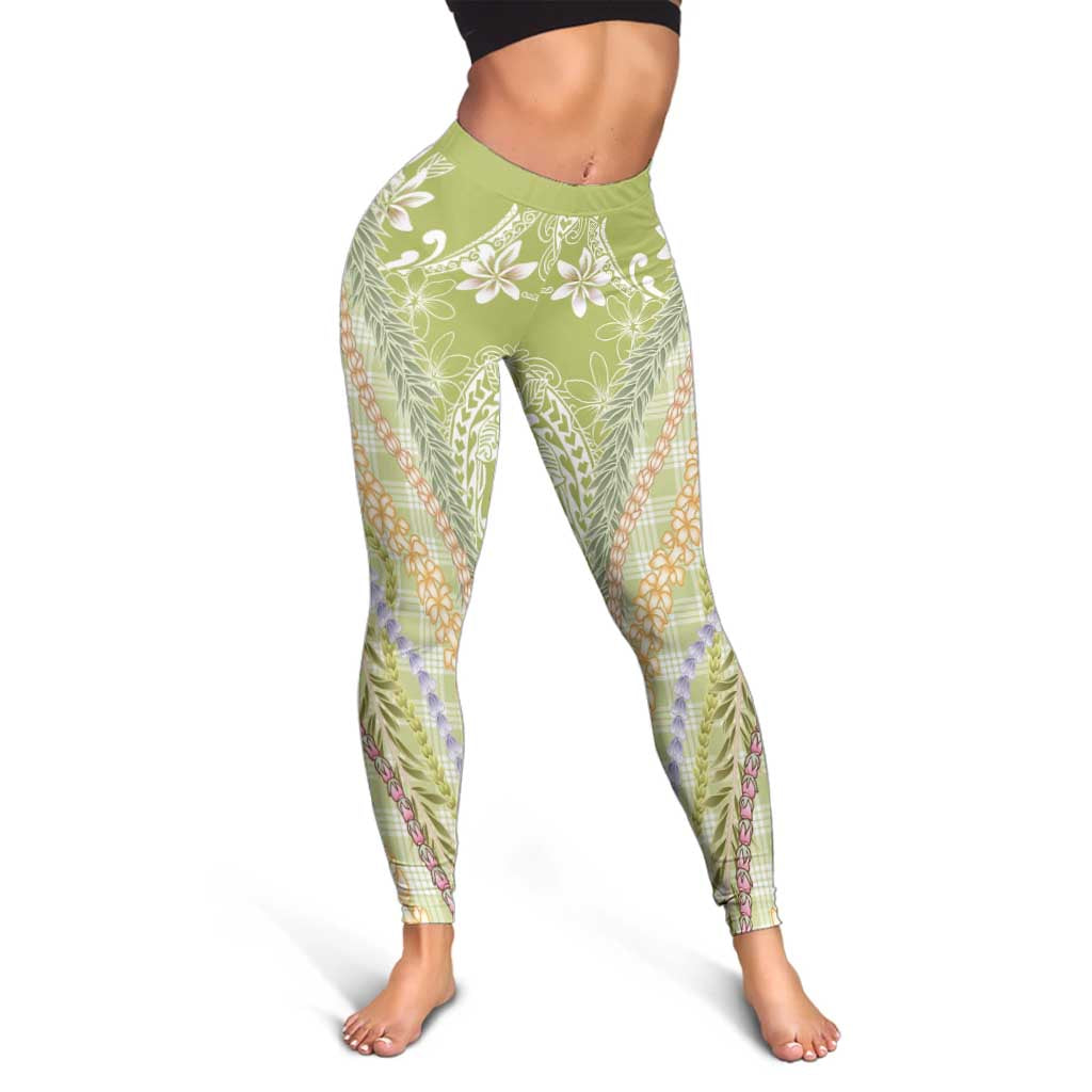 Green Palaka Hawaii Leis Leggings Hawaiian-plaid Elegant Tropical Vibes - Polynesian Pride