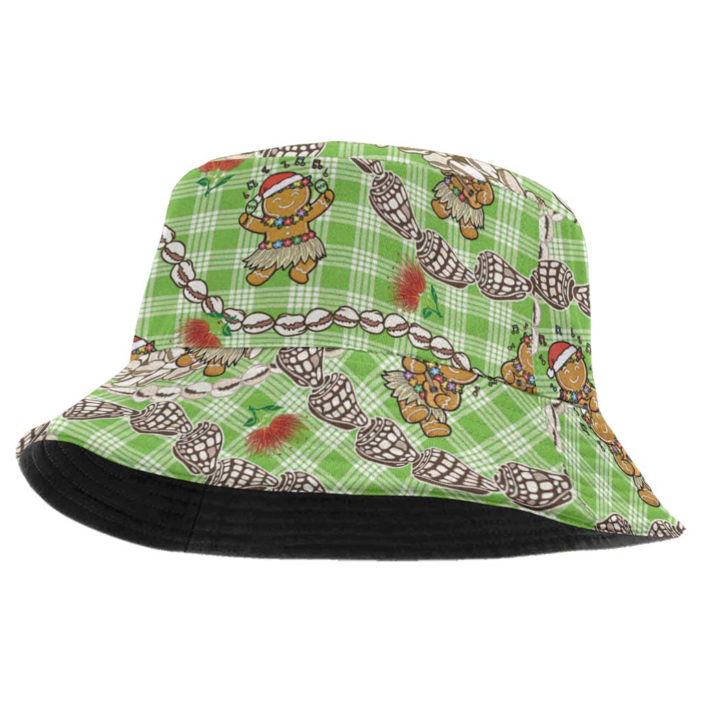 Green Palaka Hawaii Mele Kalikimaka Bucket Hat Ohia Lehua Shell Leis Funny Gingerbread Santa - Polynesian Pride
