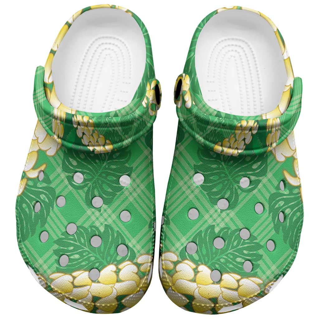 Green Palaka Hawaii Mele Kalikimaka Clogs Shoes Ohia Lehua Monstera Puakenikeni Lei - Polynesian Pride