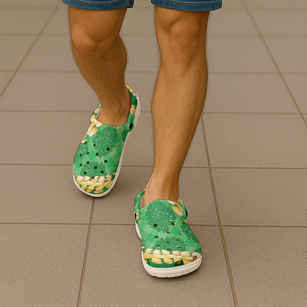 Green Palaka Hawaii Mele Kalikimaka Clogs Shoes Ohia Lehua Monstera Puakenikeni Lei - Polynesian Pride