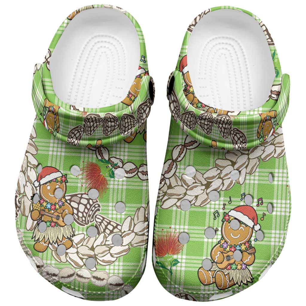 Green Palaka Hawaii Mele Kalikimaka Clogs Shoes Ohia Lehua Shell Leis Funny Gingerbread Santa - Polynesian Pride