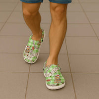 Green Palaka Hawaii Mele Kalikimaka Clogs Shoes Ohia Lehua Shell Leis Funny Gingerbread Santa - Polynesian Pride