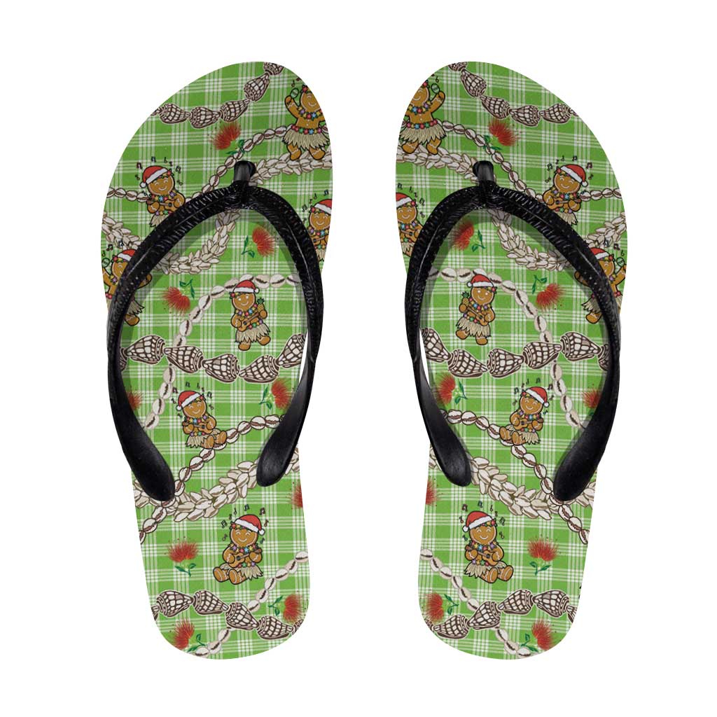Green Palaka Hawaii Mele Kalikimaka Flip Flops Ohia Lehua Shell Leis Funny Gingerbread Santa - Polynesian Pride