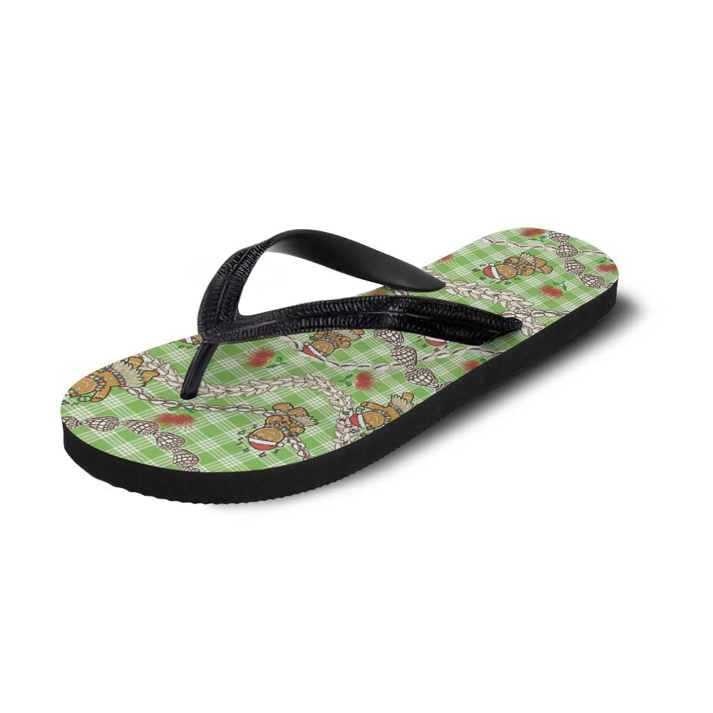 Green Palaka Hawaii Mele Kalikimaka Flip Flops Ohia Lehua Shell Leis Funny Gingerbread Santa - Polynesian Pride
