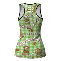 Green Palaka Hawaii Mele Kalikimaka Hollow Tank Top Ohia Lehua Shell Leis Funny Gingerbread Santa - Polynesian Pride