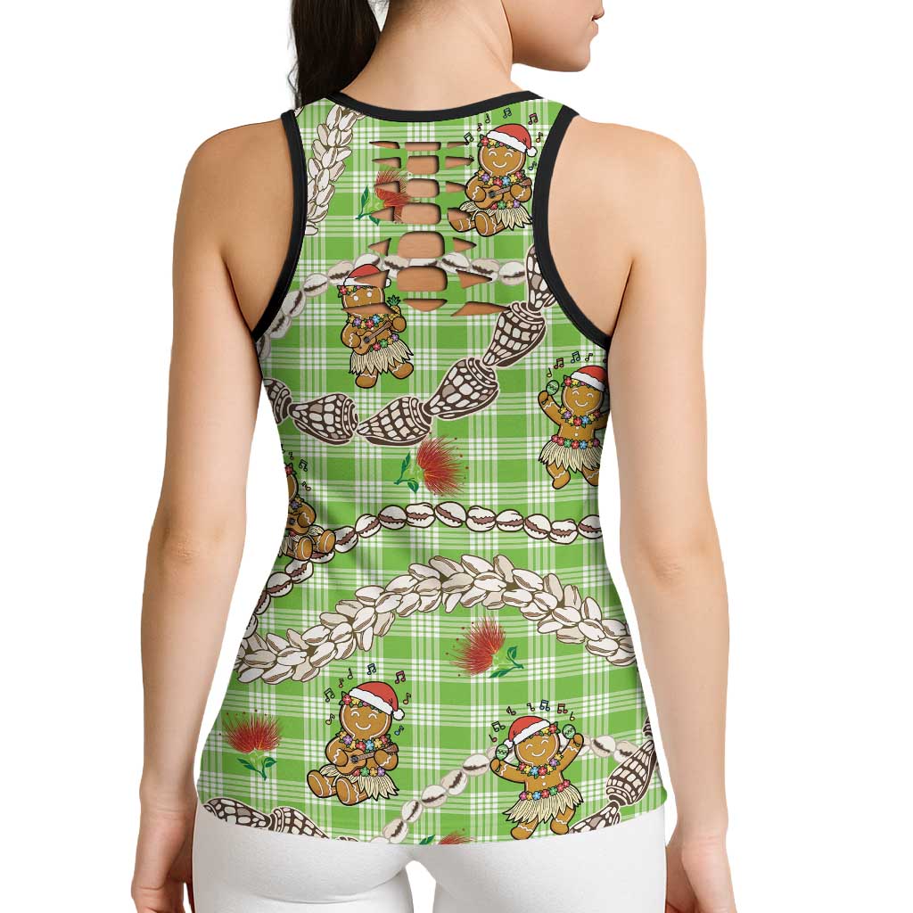 Green Palaka Hawaii Mele Kalikimaka Hollow Tank Top Ohia Lehua Shell Leis Funny Gingerbread Santa - Polynesian Pride