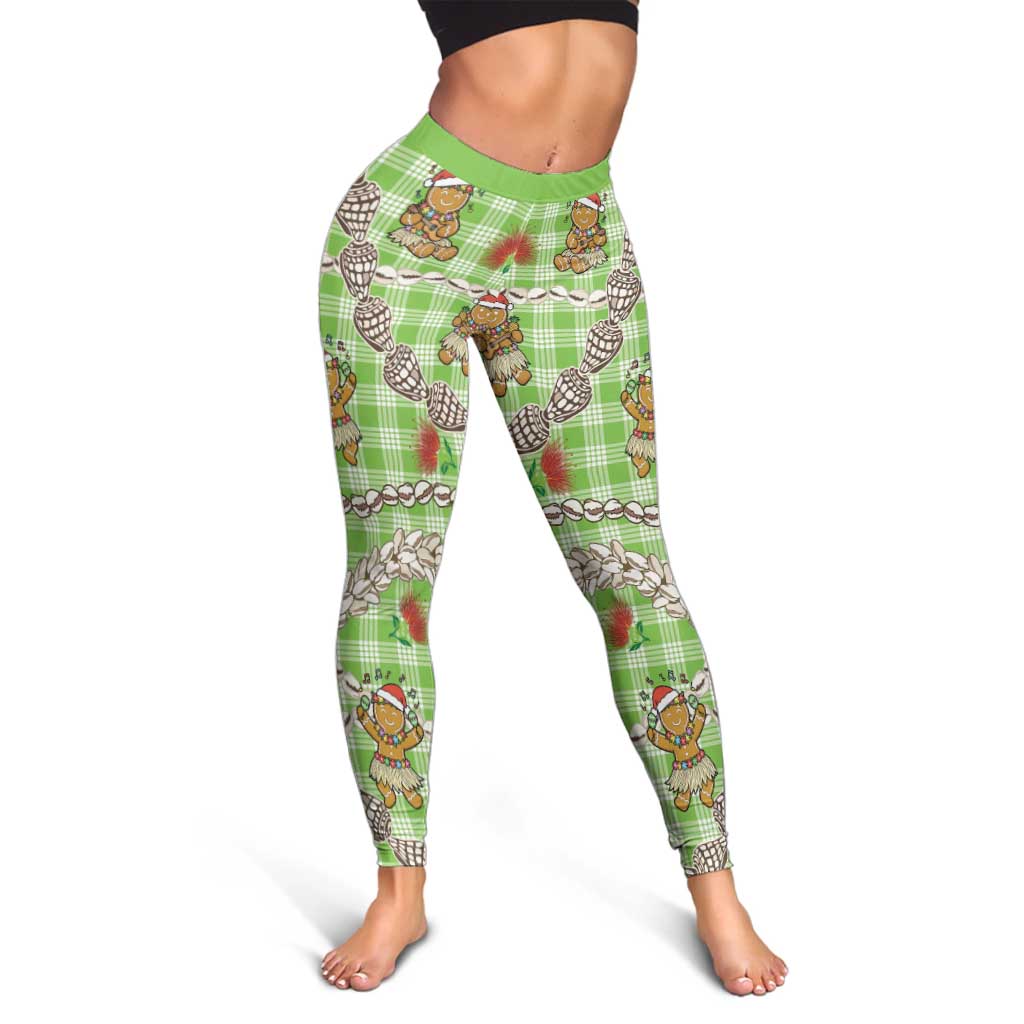Green Palaka Hawaii Mele Kalikimaka Leggings Ohia Lehua Shell Leis Funny Gingerbread Santa - Polynesian Pride