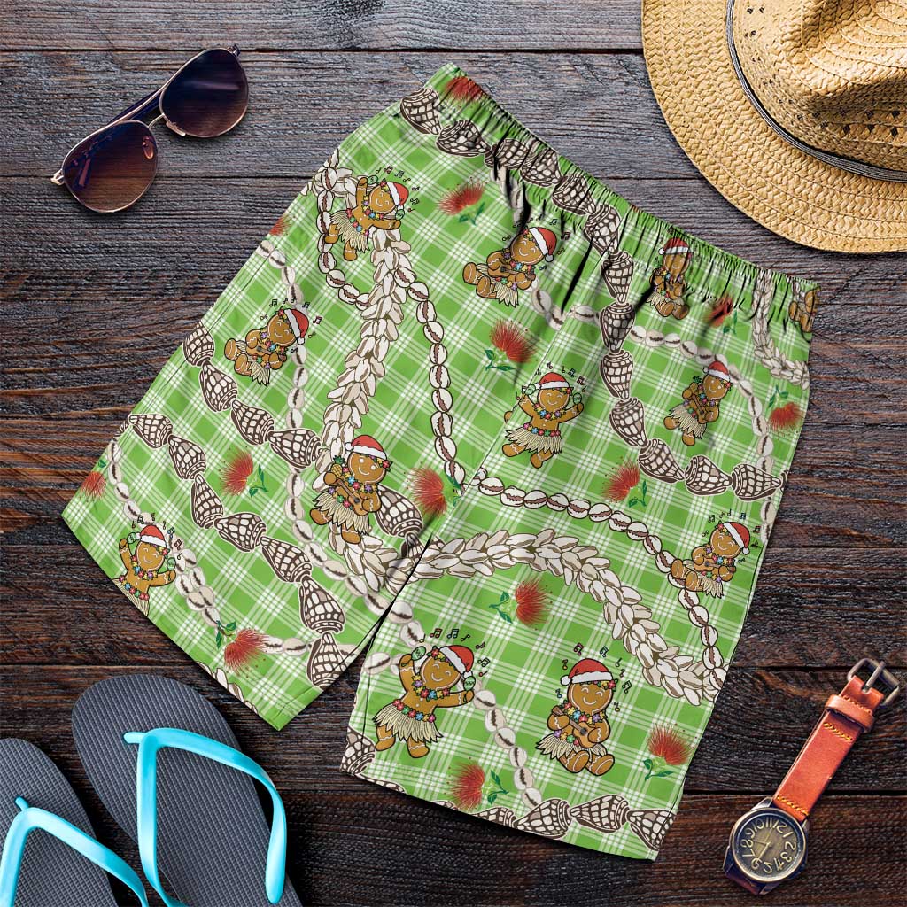 Green Palaka Hawaii Mele Kalikimaka Shorts for Men Ohia Lehua Shell Leis Funny Gingerbread Santa - Polynesian Pride