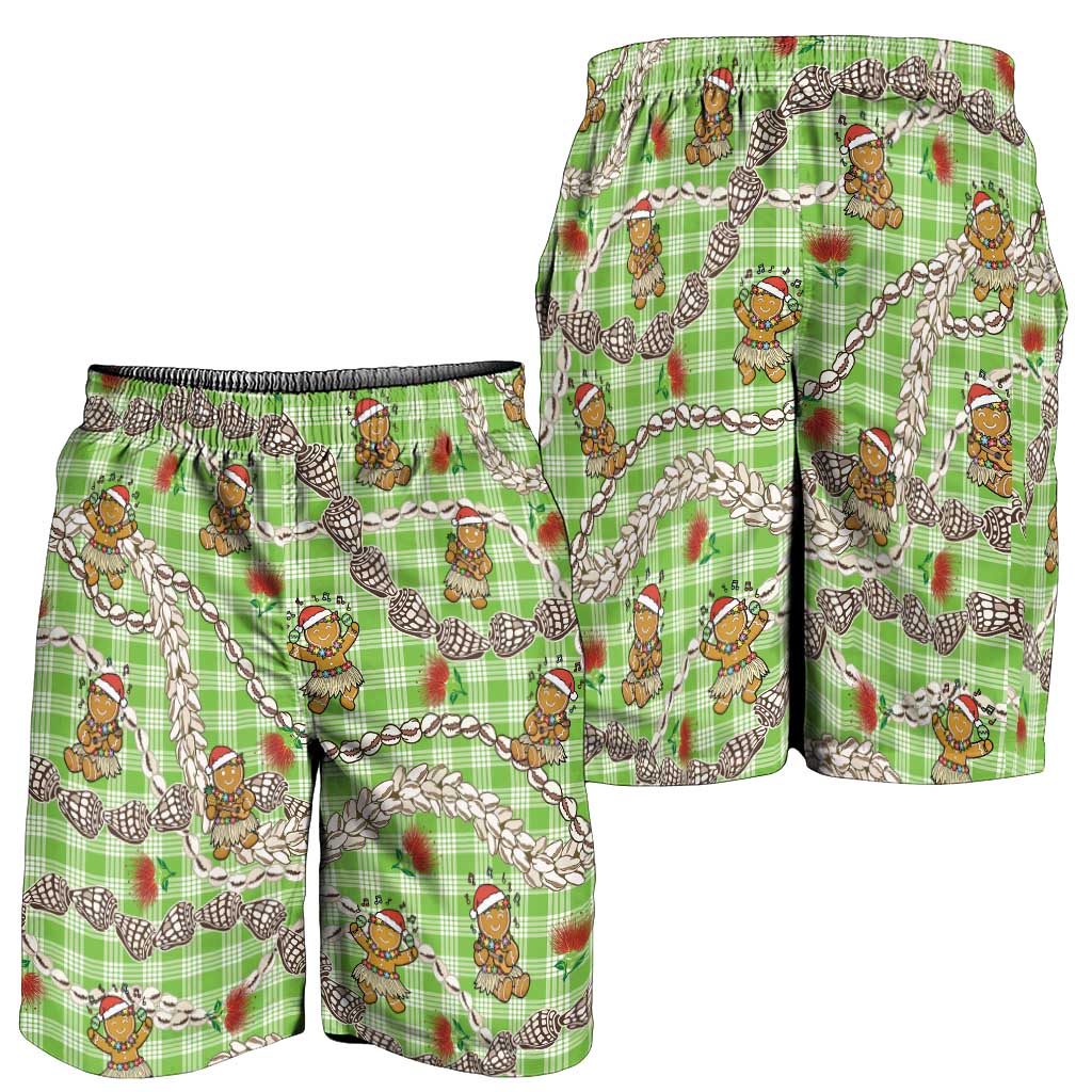 Green Palaka Hawaii Mele Kalikimaka Shorts for Men Ohia Lehua Shell Leis Funny Gingerbread Santa - Polynesian Pride