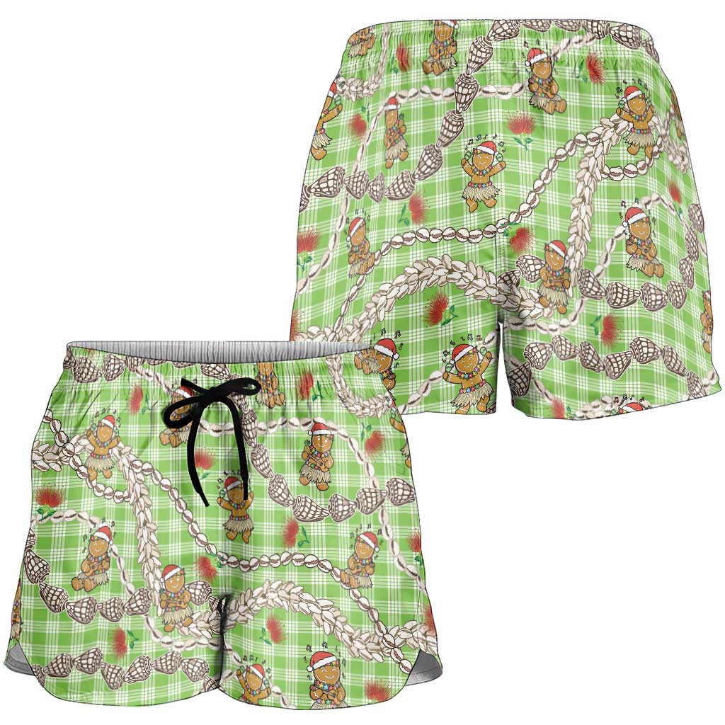 Green Palaka Hawaii Mele Kalikimaka Shorts for Women Ohia Lehua Shell Leis Funny Gingerbread Santa - Polynesian Pride