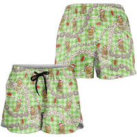 Green Palaka Hawaii Mele Kalikimaka Shorts for Women Ohia Lehua Shell Leis Funny Gingerbread Santa - Polynesian Pride