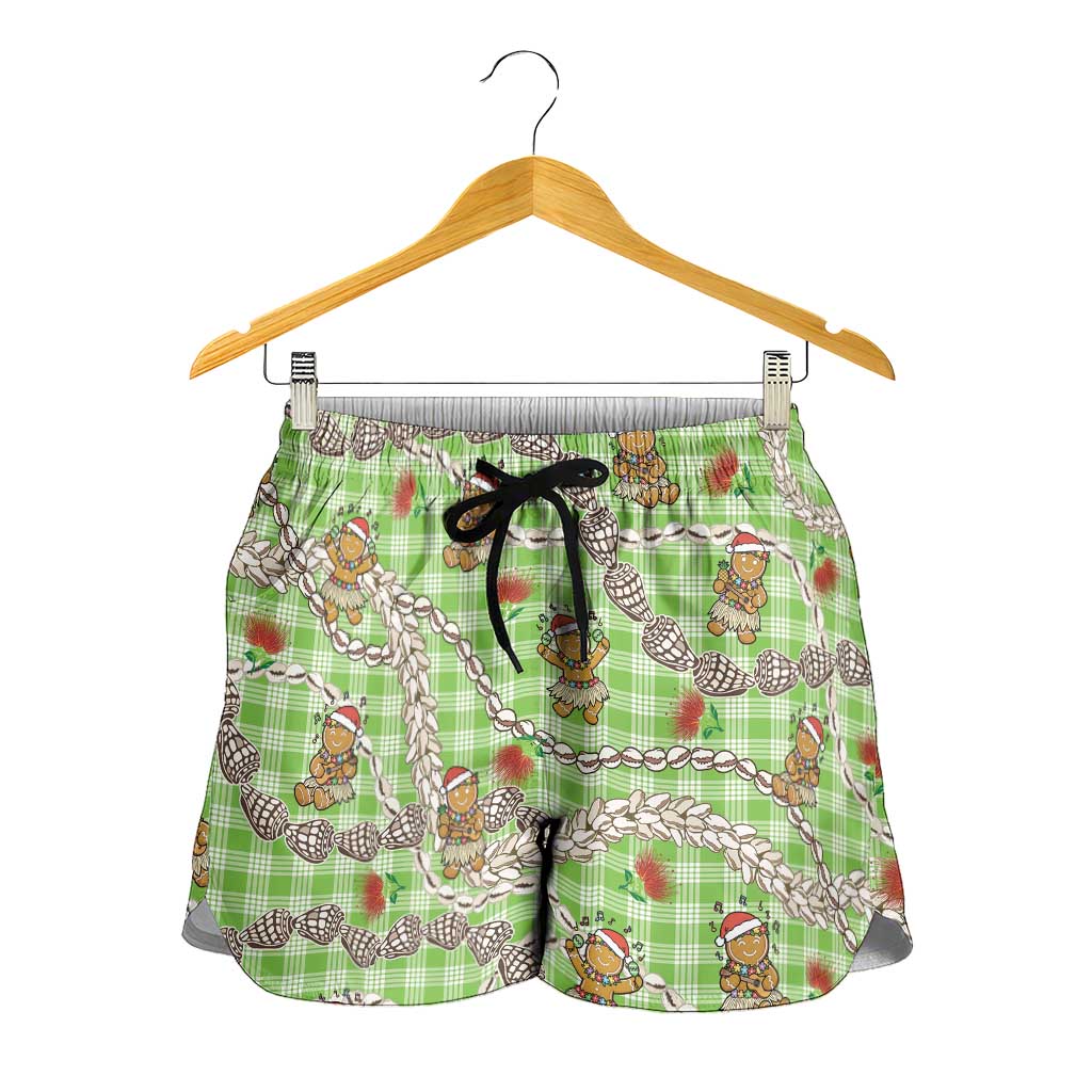 Green Palaka Hawaii Mele Kalikimaka Shorts for Women Ohia Lehua Shell Leis Funny Gingerbread Santa - Polynesian Pride