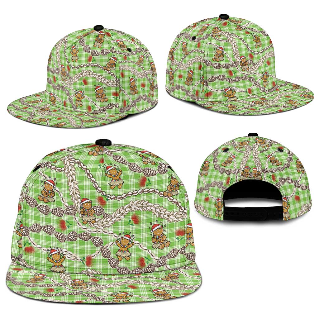 Green Palaka Hawaii Mele Kalikimaka Snapback Cap Ohia Lehua Shell Leis Funny Gingerbread Santa - Polynesian Pride