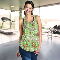 Green Palaka Hawaii Mele Kalikimaka Women Racerback Tank Ohia Lehua Shell Leis Funny Gingerbread Santa - Polynesian Pride