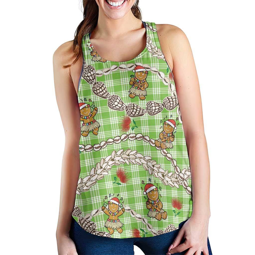 Green Palaka Hawaii Mele Kalikimaka Women Racerback Tank Ohia Lehua Shell Leis Funny Gingerbread Santa - Polynesian Pride