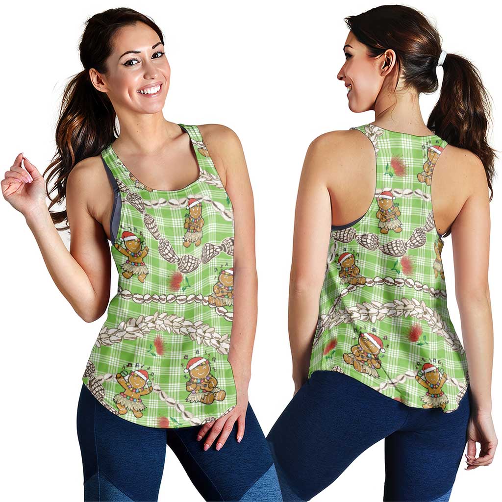 Green Palaka Hawaii Mele Kalikimaka Women Racerback Tank Ohia Lehua Shell Leis Funny Gingerbread Santa - Polynesian Pride