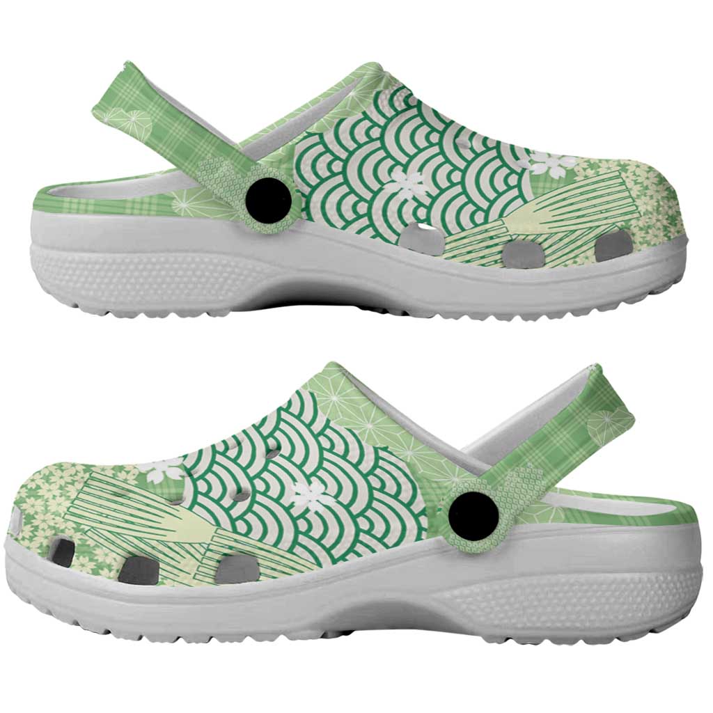 Green Palaka Japanese Traditional Clogs Shoes Asanoha Seigaiha Sakura Motif - Polynesian Pride