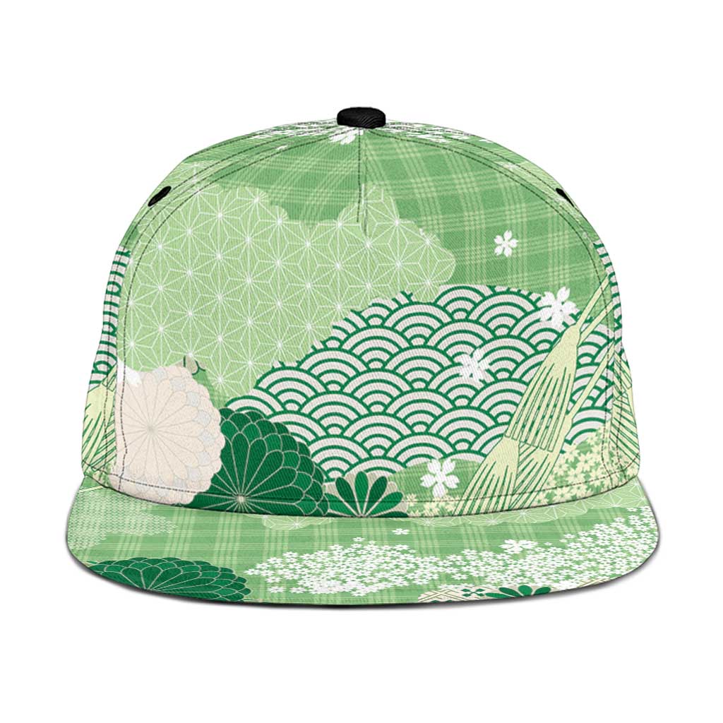 Green Palaka Japanese Traditional Snapback Cap Asanoha Seigaiha Sakura Motif - Polynesian Pride