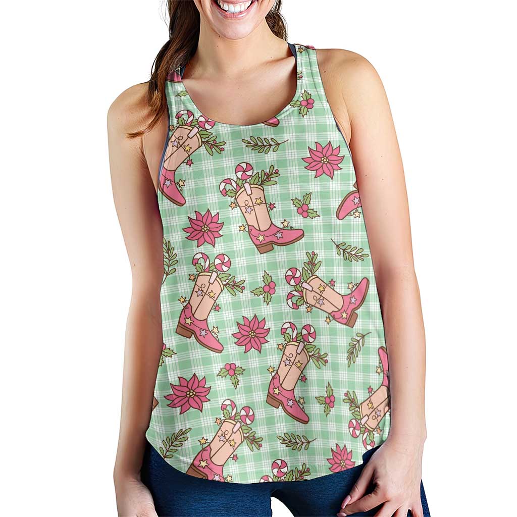 Green Paniolo Palaka Hawaiian Cowgirl Christmas Women Racerback Tank - Polynesian Pride